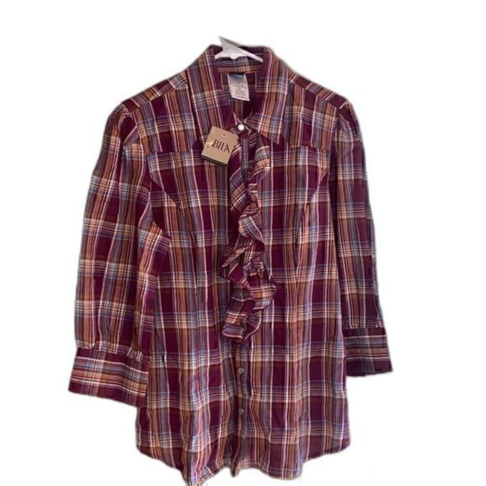 Bila Plaid Ruffle Pearl Snap Western Shirt Burgundy Cotton NWT M